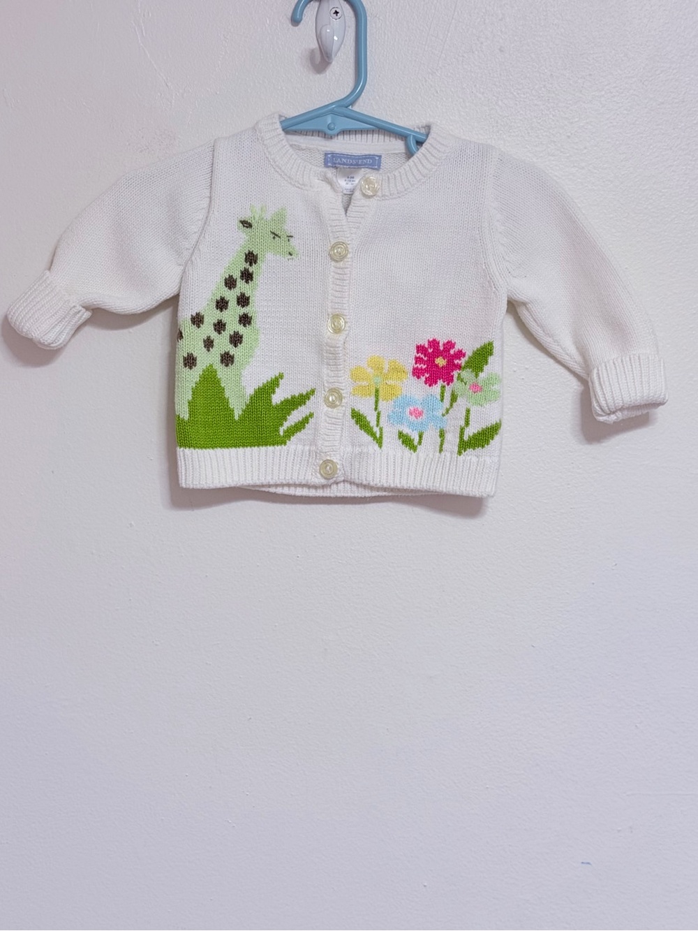 Lands End White Knit Cardigan with Giraffe & Floral Design 0-3 months